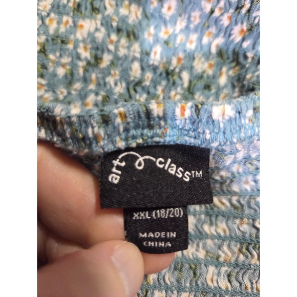 Art Class Girls Teal Floral Smocked Square Neck Long Sleeve Top XXL 18 20 - Picture 6 of 8